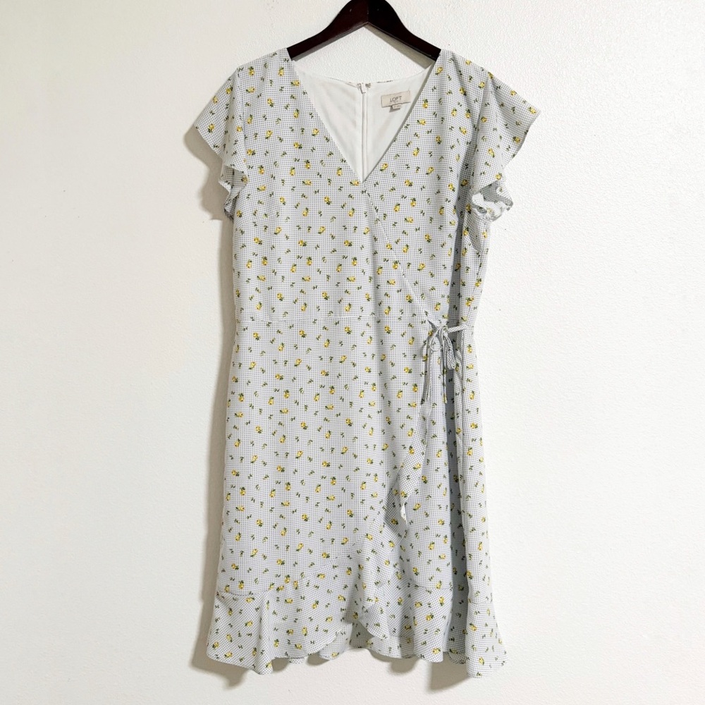 Loft Ditsy Floral Polka Dot Ruffle Trim Faux Wrap Dress